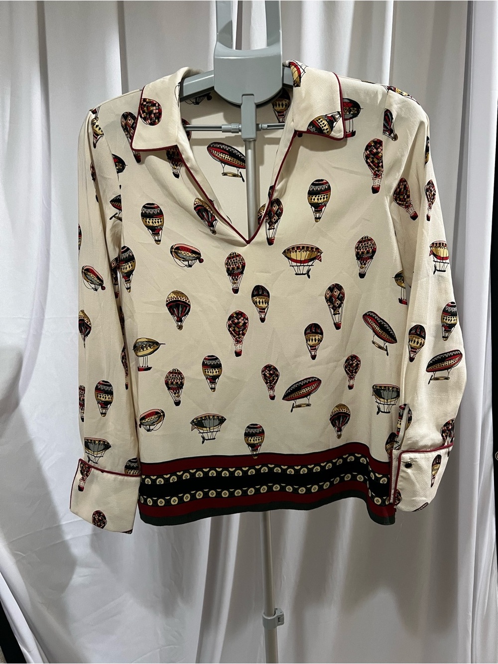 Zara Cream Hot-Air Balloon Print Button-Down Blouse with Red Trim